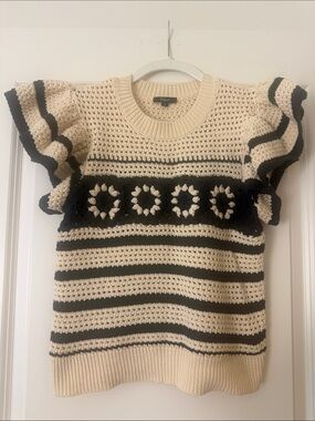 Rails cream and navy Striped Crochet Puff-Sleeve Sweater size S
